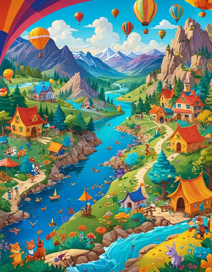 A vibrant collage of colorful animated cartoon characters embarking on whimsical adventures in a fantasy landscape filled with cheerful hills, sparkling rivers, and fantastical creatures. Include scenes of joyful interactions, such as characters flying kites, exploring magical forests, and sharing laughter around a campfire. The overall atmosphere should radiate happiness and excitement, inviting viewers to join in the fun. cartoon style. vibrant colors. cheerful and whimsical.