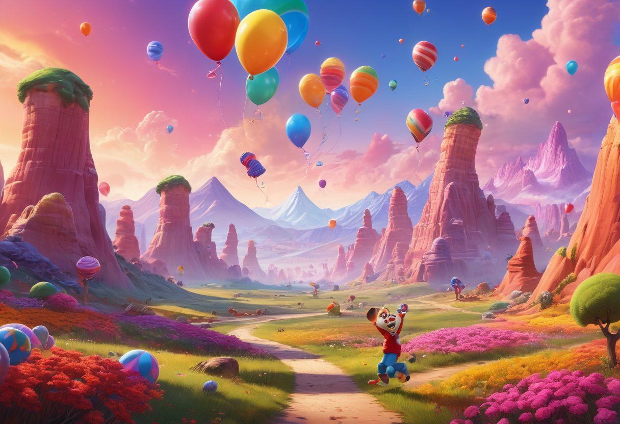 A colorful and vibrant scene featuring whimsical animated characters engaging in a comedic adventure, with one character juggling colorful balls while another is laughing uncontrollably. The background is filled with fantastical landscapes like candy mountains and a rainbow sky, creating a joyful atmosphere. Include playful details like floating balloons and friendly animals joining the fun. cartoon style. bright colors. cheerful mood.