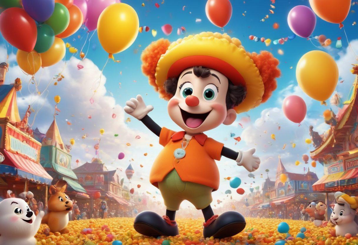 A whimsical scene featuring a colorful cartoon character striking a comical pose, surrounded by various animated elements like laughing clouds, dancing animals, and playful props like oversized popcorn and silly hats. The background showcases a vibrant carnival atmosphere with balloons and confetti, invoking a sense of joy and laughter. The overall feel should radiate lightheartedness and fun, appealing to cartoon lovers. vibrant colors. playful art style. 3D.